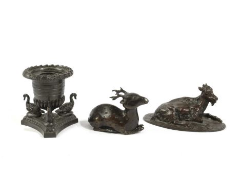 A BRONZE GRAND TOUR INKWELLFRENCH OR ITALIAN, C.1830the rim decorated with a laurel band the triform base with three swans; t