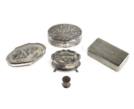 A CONTINENTAL SILVER SNUFF BOXrepoussé decorated with figures in a country setting, together with two other white metal snuff