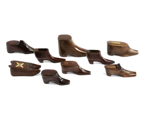A COLLECTION OF TREEN SHOE SNUFF BOXES19TH CENTURYincluding an unusual double shoe snuff box, some with brass tack decoration