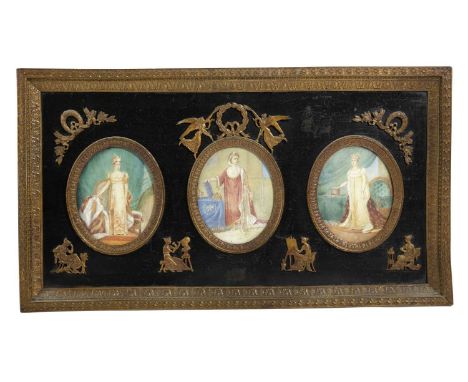 λ NAPOLEON INTEREST. A FRAMED SET OF THREE PORTRAIT MINIATURES19TH CENTURYwatercolour on ivory possibly over a printed base, 