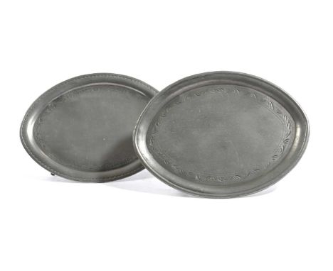 TWO SCARCE PEWTER BRIGHT-CUT TEAPOT STANDSSHEFFIELD, C.1770-1800of oval form, one with a rare mark of Broadhead, Gurney, Spor