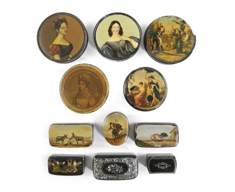 A COLLECTION OF PAPIER-MACHE SNUFF BOXESBRITISH AND CONTINENTAL, 19TH CENTURYincluding one in Stobwasser style with a portrai