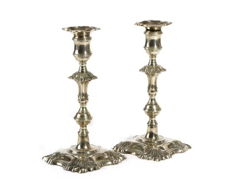A GOOD PAIR OF GEORGE II ANGLO-CHINESE PAKTONG CANDLESTICKS C.1750each ring socket with detachable bobeches above knopped ste