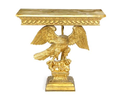 A GILTWOOD CONSOLE TABLE IN THE MANNER OF FRANCIS BRODIE OR WILLIAM KENT, PROBABLY 19TH CENTURYthe later Siena marble top abo