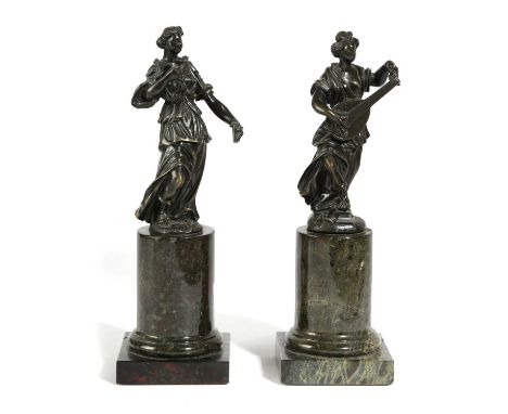 A PAIR OF GERMAN BRONZE TABLE FOUNTAIN FIGURES EMBLEMATIC OF THE SENSESATTRIBUTED TO THE WORKSHOP OF BENEDIKT WURZELBAUER, 16