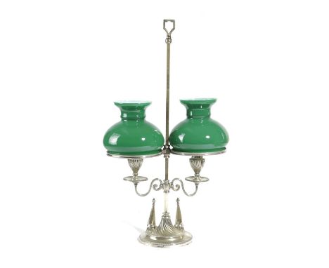 A SILVER PLATED STUDENT'S LAMP LATE 19TH CENTURYwith twin green glass adjustable shades, above a pair of urn shaped nozzles, 