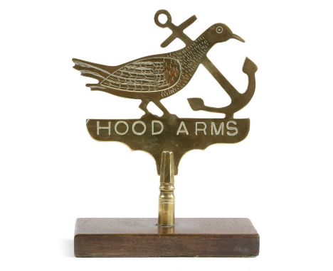 A BRASS FRIENDLY SOCIETY POLE FINIAL FOR THE HOOD ARMSC.1900-10on a mahogany stand, and another of orb form with a Maltese Cr