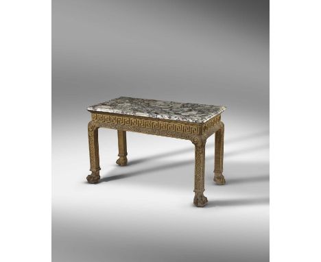 A FINE GEORGE II GILTWOOD CONSOLE TABLEC.1735-1740the breche de violette marble top with a moulded edge above a leaf moulding