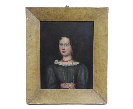 A NAIVE PORTRAIT OF A YOUNG LADY19TH CENTURYoil on board, wearing an amber coloured necklace and earrings, in a scumbled fram