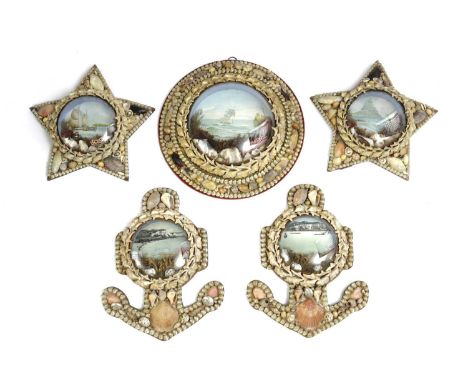 FIVE SAILOR'S SHELLWORK LOVE TOKEN DIORAMAS FIRST HALF 20TH CENTURYeach encrusted with shells, with a printed background and 