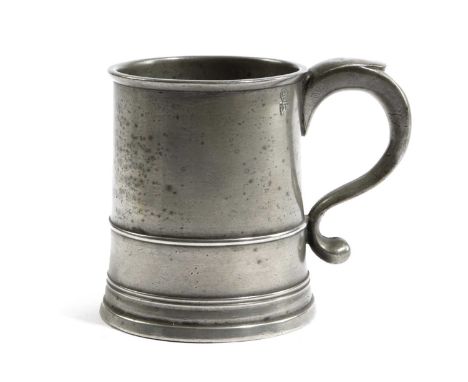 A DOCUMENTED PEWTER OEAS HALF-PINT MUGLONDON, C.1730the tapered body mug with raised low band, touchmark of Paul Mitchell, Lo