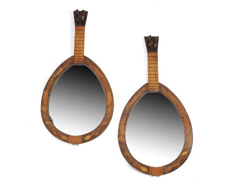 A PAIR OF NOVELTY WALNUT AND MARQUETRY LUTE WALL MIRRORSPOSSIBLY ITALIAN, LATE 19TH CENTURYthe tear shaped plate in a frame i