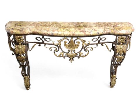A FRENCH CAST IRON AND GILT METAL CONSOLE TABLEIN REGENCE STYLE, 19TH CENTURYwith a breche d'alep marble top with a moulded e