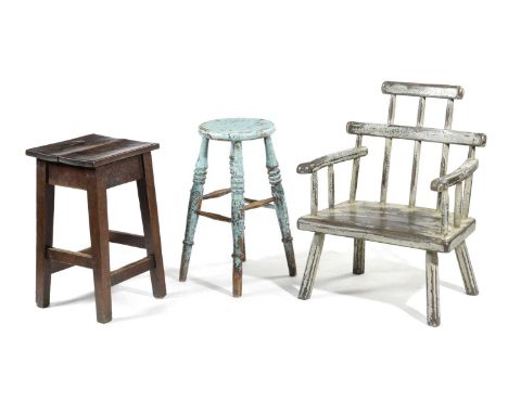 A STICKBACK ARMCHAIRIN FOLK ART STYLE, LATE 20TH CENTURYtogether with a painted elm stool and an oak example (3)75.5cm high (