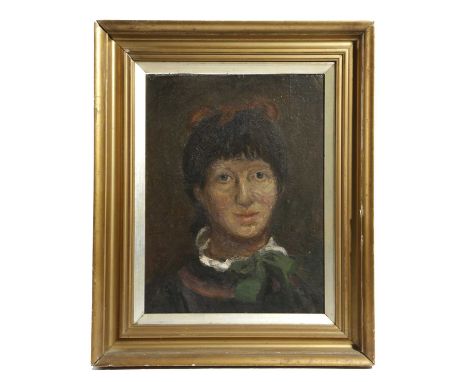 A NAIVE PORTRAIT OF A LADYLATE 19TH CENTURYoil on board with a red bow in her hair, in a moulded gilt frame39.4 x 29.6cmProve