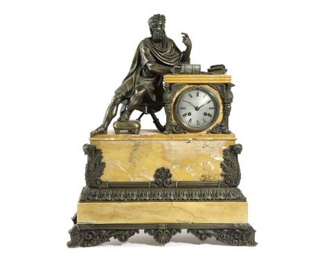 A FRENCH LOUIS PHILIPPE SIENA MARBLE AND BRONZE MANTEL CLOCKC.1840the brass eight day drum movement with a silk suspension, o