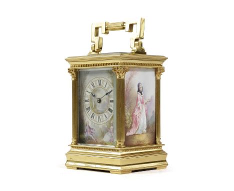 A FRENCH GILT BRASS AND PORCELAIN MOUNTED CARRIAGE CLOCKLATE 19TH CENTURYthe brass eight day repeating movement with a platfo