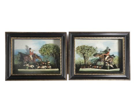 A PAIR OF LATE VICTORIAN WAX WORK HUNTING DIORAMASLATE 19TH CENTURYeach depicting a rider on horse back with his hounds inscr