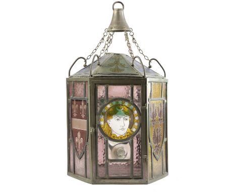 A HEXAGONAL STAINED GLASS HALL LANTERN19TH CENTURY AND LATEReach side and the base decorated with a shield or portrait design
