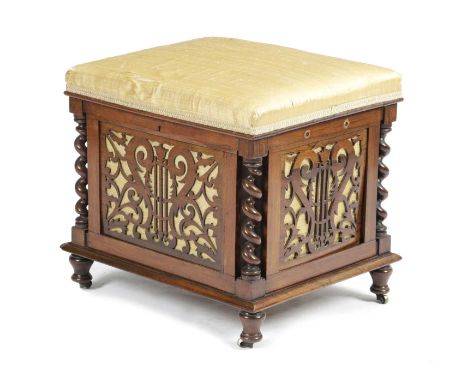λ AN EARLY VICTORIAN ROSEWOOD BOX STOOL CANTERBURYIN THE MANNER OF RICHARD BRIDGENS, C.1840the hinged seat covered in gold si