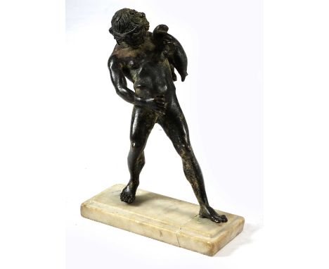 AN ITALIAN BRONZE GRAND TOUR FIGURE OF A SATYR AFTER THE ANTIQUE, MID-19TH CENTURYthe Bacchanalian figure with a wine skin, o