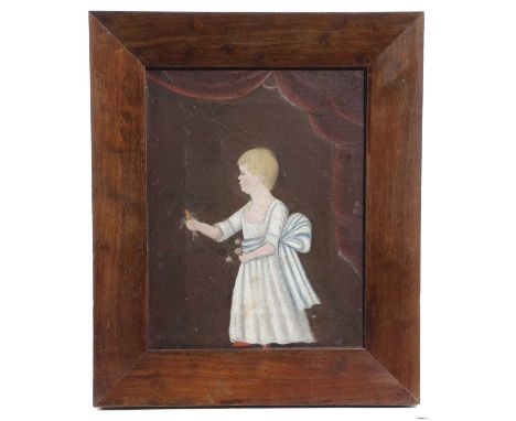 A NAIVE PORTRAIT OF A YOUNG GIRL HOLDING A BIRDEARLY 19TH CENTURYoil on canvas, in a hardwood frame22 x 17cmProvenanceThe How