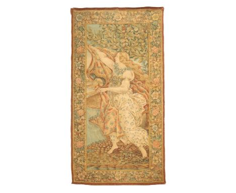A TAPESTRY CARTOON STYLE PANEL OF PRIMAVERALATE 19TH CENTURYdepicting a 'Botticelli' figure of a maiden in floral dress surro