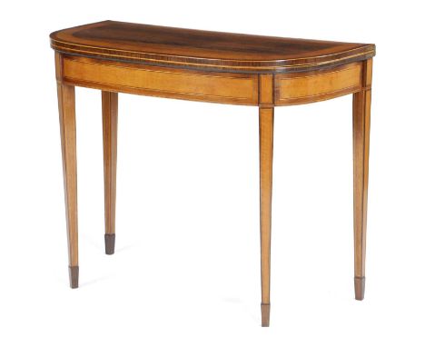 λ A LATE GEORGE III SATINWOOD AND ROSEWOOD CARD TABLEC.1800the 'D' shaped crossbanded top on twin gateleg supports, revealing