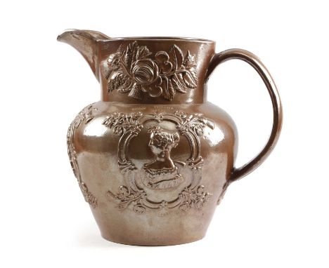 A LARGE 'QUEEN VICTORIA' COMMEMORATIVE STONEWARE EWERC.1840with a relief portrait of the young Queen to one side, the Dutches