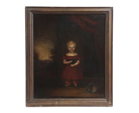 A NAIVE PORTRAIT OF A YOUNG GIRL HOLDING A CAT19TH CENTURYoil on canvas laid on board, in a moulded gilt frame35 x 29.5cmProv