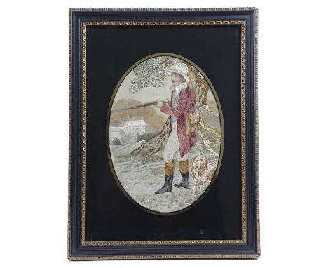 A PAIR OF REGENCY SILKWORK OVAL PICTURESEARLY 19TH CENTURYdepicting a man hunting with his hound dog and a lady with a basket