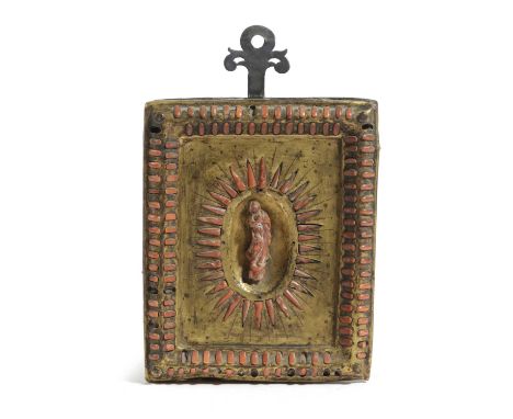 λ AN ITALIAN SICILIAN GILT COPPER AND CORAL CAPEZZALETRAPANI, SECOND HALF 17TH CENTURYthe central figure of a female saint in