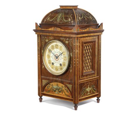 λ A VICTORIAN PAINTED ROSEWOOD MANTEL CLOCKIN SHERATON STYLE, LATE 19TH CENTURYthe brass eight day movement chiming on two go
