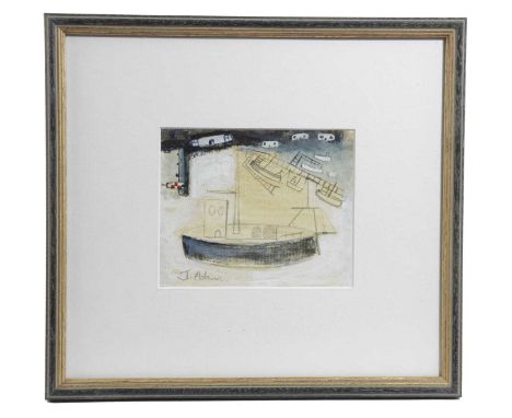 Φ A NAIVE PAINTNG OF A FISHING BOAT AND HARBOURBY JAMES NEWTON ADAMS (BRITISH 1971-)mixed media, signed lower left, glazed an