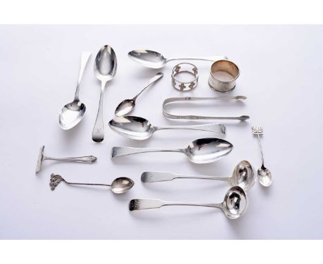 A collection of silver flatware, various dates and makers, comprising; a set of six dessert spoons, London 1824, a set of nin