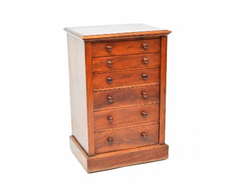 A Victorian figured walnut, Wellington-type chest of six drawers, with turned handles and plinth base, 51.5cm wide x 38cm dee