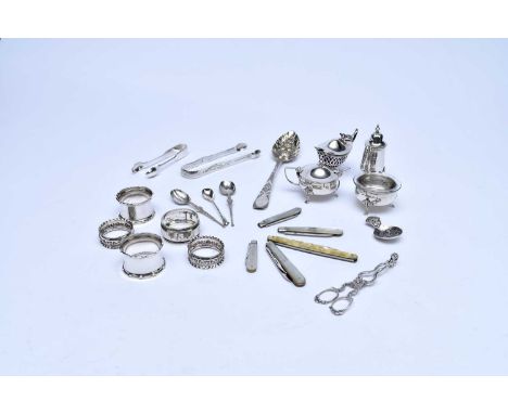 A small collection of silver and plate, comprising; a set of three cruets, London 1922, a Victorian silver mustard, Birmingha