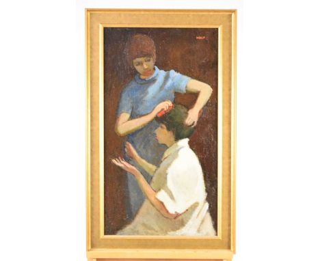 Charles McCall (British 1907-1989) 'Hairdressing', signed and dated 1965, oil on board, 32 x 18 in; together with a preparato