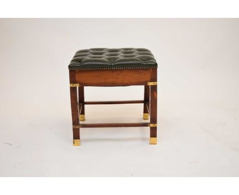 A pair of small reproduction campaign style chests of drawers, with brass-edged tops, one inset to with a tooled leather skiv