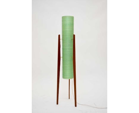 A mid-century spun fibreglass 'rocket' floor lamp, circa 1970s, the green cylindrical shade supported by three slender teak w