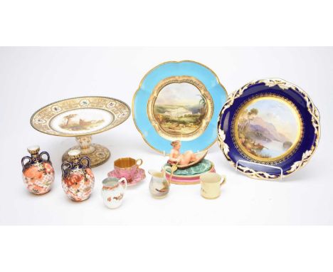 A group of English bone china and porcelaincomprising a miniature Coalport cabinet cup and saucer, pink ground with gilt deta