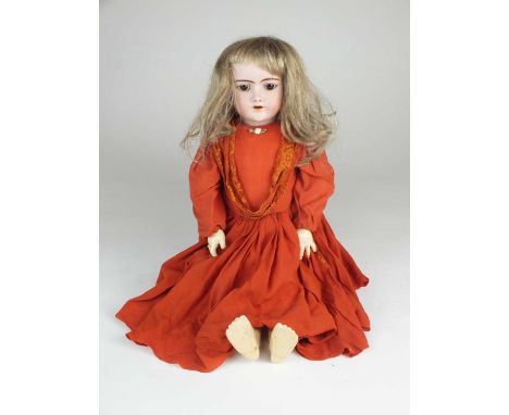 A Handwerck German bisque doll, 109/12 A, with brown sleeping eyes, open mouth and brown wig, composition body and limbs, wea