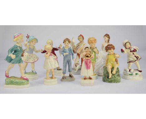 A group of Royal Worcester Freda Doughty figures comprising 'The Parakeet'; 'Polly Put the Kettle On'; 'Only Me', Days of the