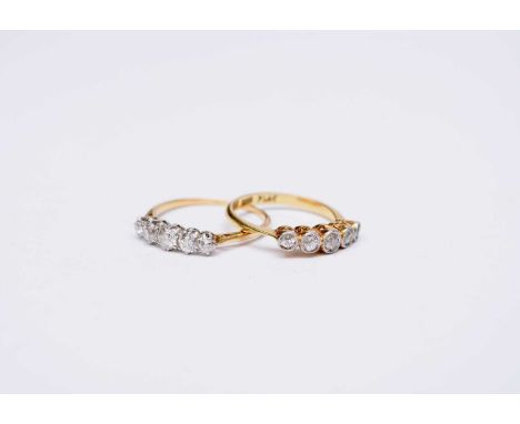 A graduated old cut five stone diamond ring, size O, together with a further graduated old cut five stone diamond ring, size 