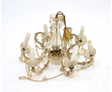 A post-war Venetian 6-branch glass chandelier, the scrolling arms issuing from a faceted, hemi-spherical base beneath a balus
