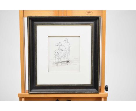 Amos Lansdown (1930-2006). Children and young Child walking on a shore, signed and dated 86, black pen and ink sketch, 9 x 7 