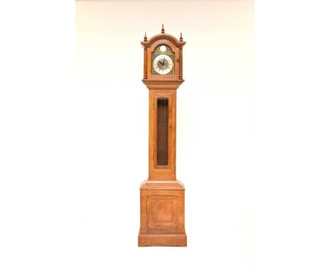 A Sid Pollard, Thirsk, light oak cased weight-driven longcase clock, the arched hood with three finials, the trunk with glaze