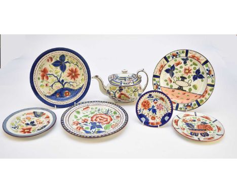 An assembled group of Gaudy Dutch pottery, circa 1810-20, made for the American marketcomprising a teapot and cover, 15cm hig