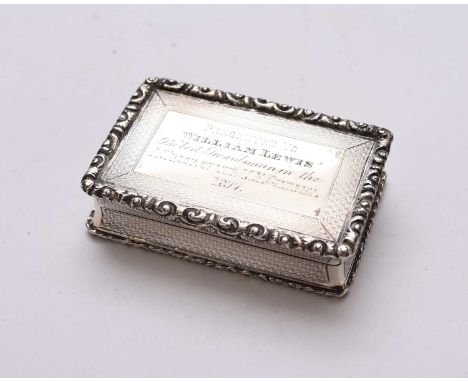 A Victorian silver snuff box, George Unite, Birmingham 1891, of rectangular form the cover engraved 'Presented to William Lew