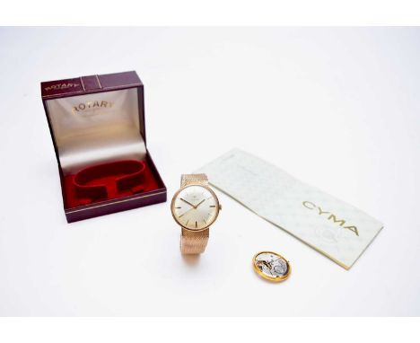 Cyma: A 9ct gold gentleman's wristwatchDate: 1974Movement: Remex jewelled quartz replacement (with original Cyma 16-jewel, Ca
